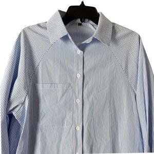 Women Small Blue Striped Smocked Button Down Shirt Cuff Raglan Sleeve LEMAFER